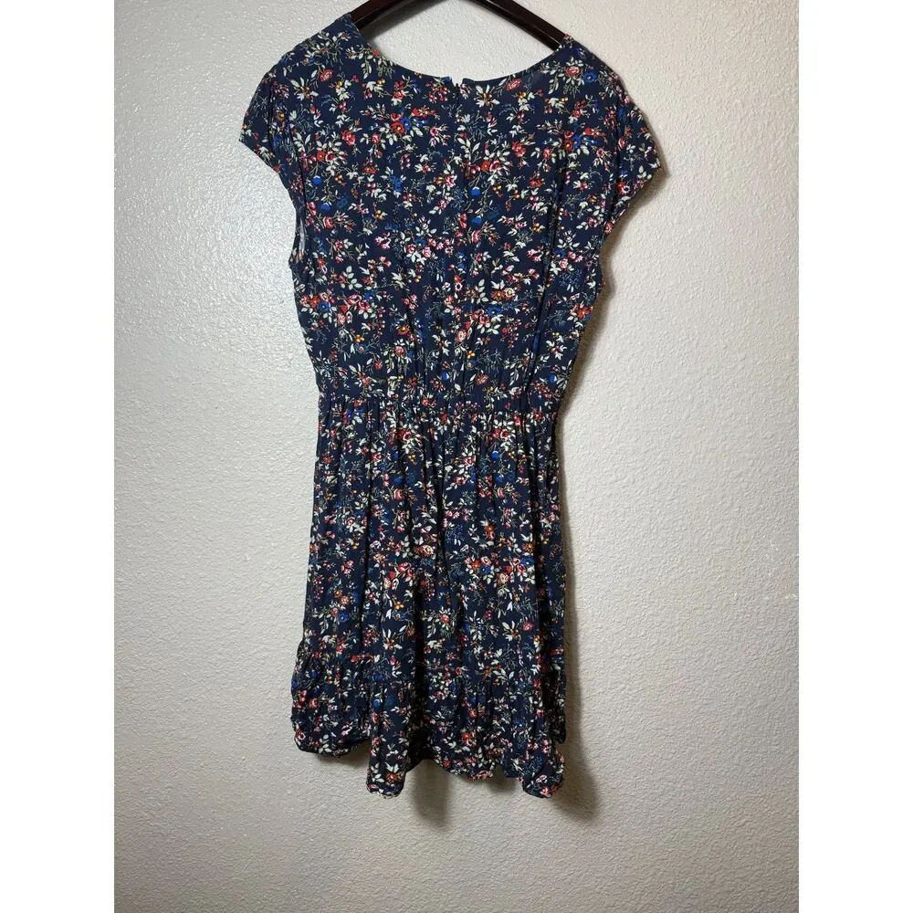 J.Crew Floral Faux Wrap Mini Dress Navy Blue V-Neck Ruffle Hem Size 12